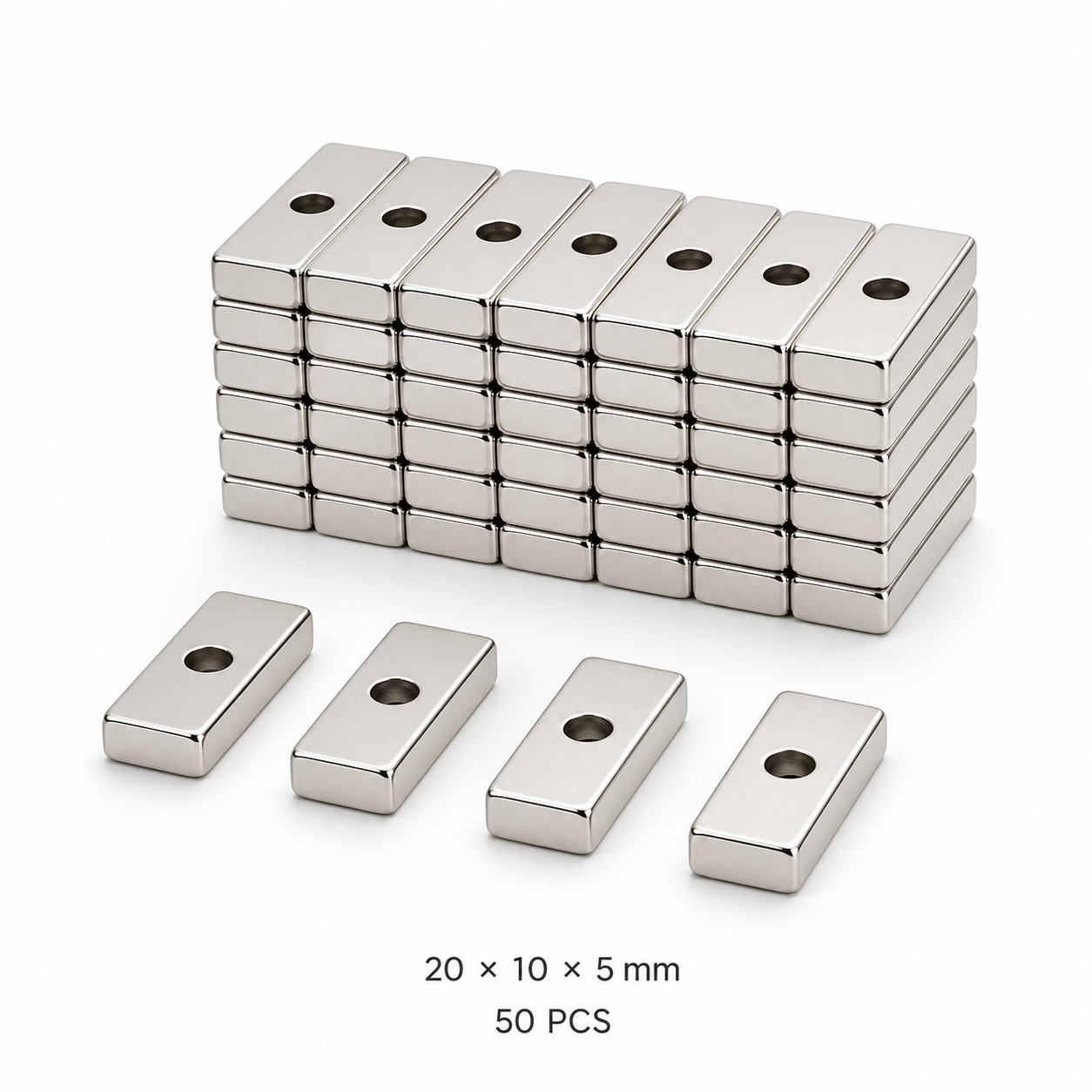 50-Pack N35 Neodymium Cuboid Magnets with Hole 20 x 10 x 5mm